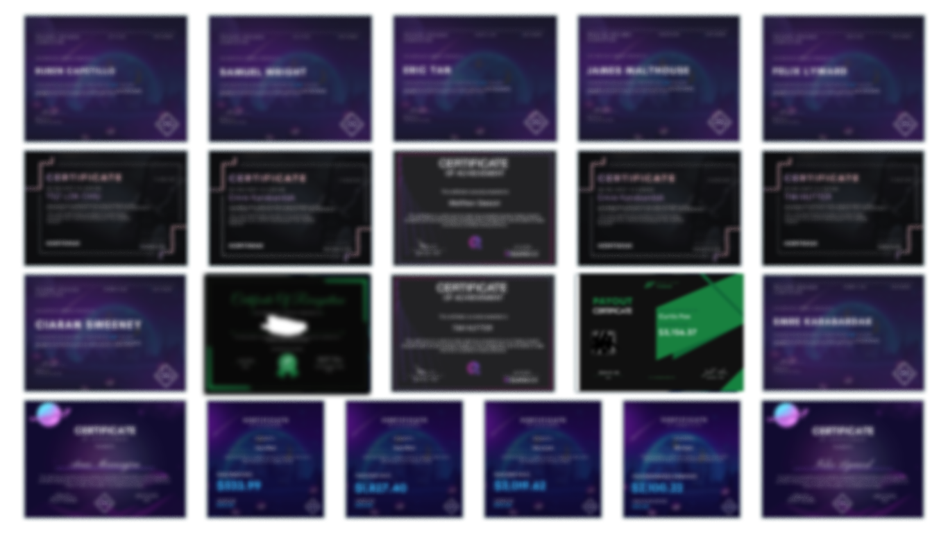 Collage of Clients' Success Certificates - Proven Track Record in Prop Firm Funding